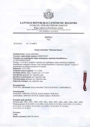 Current extract from commercial register of Latvia