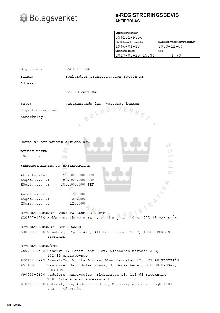 Certificate of Registration (Registreringsbevis) from comercial register of Sweden