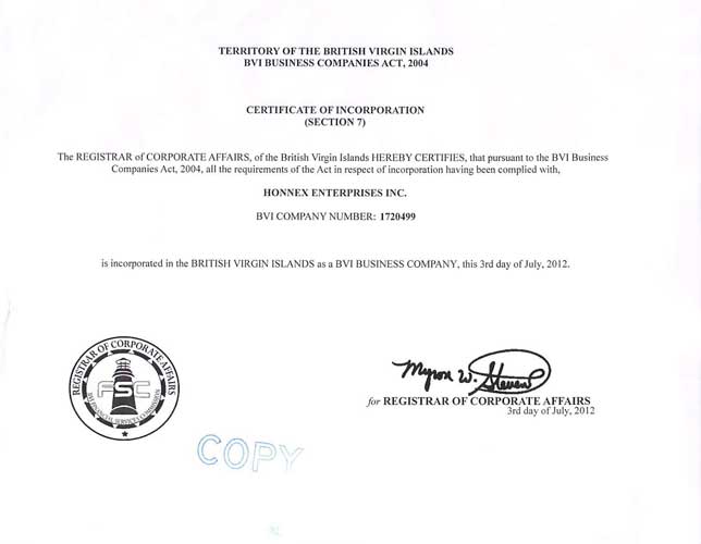 Certificate of Incorporation from commercial register of the British Virgin Islands