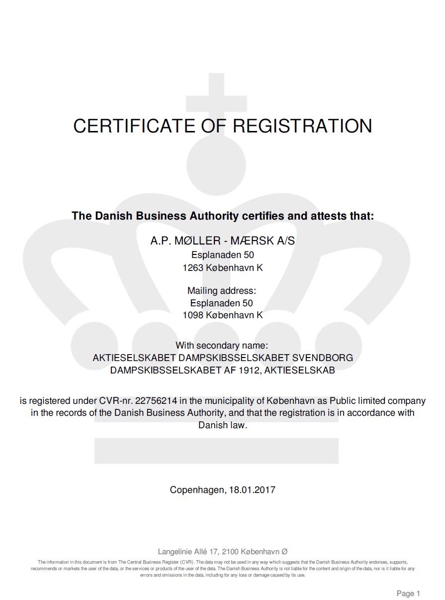 Certificate of registration from commercial register of Denmark