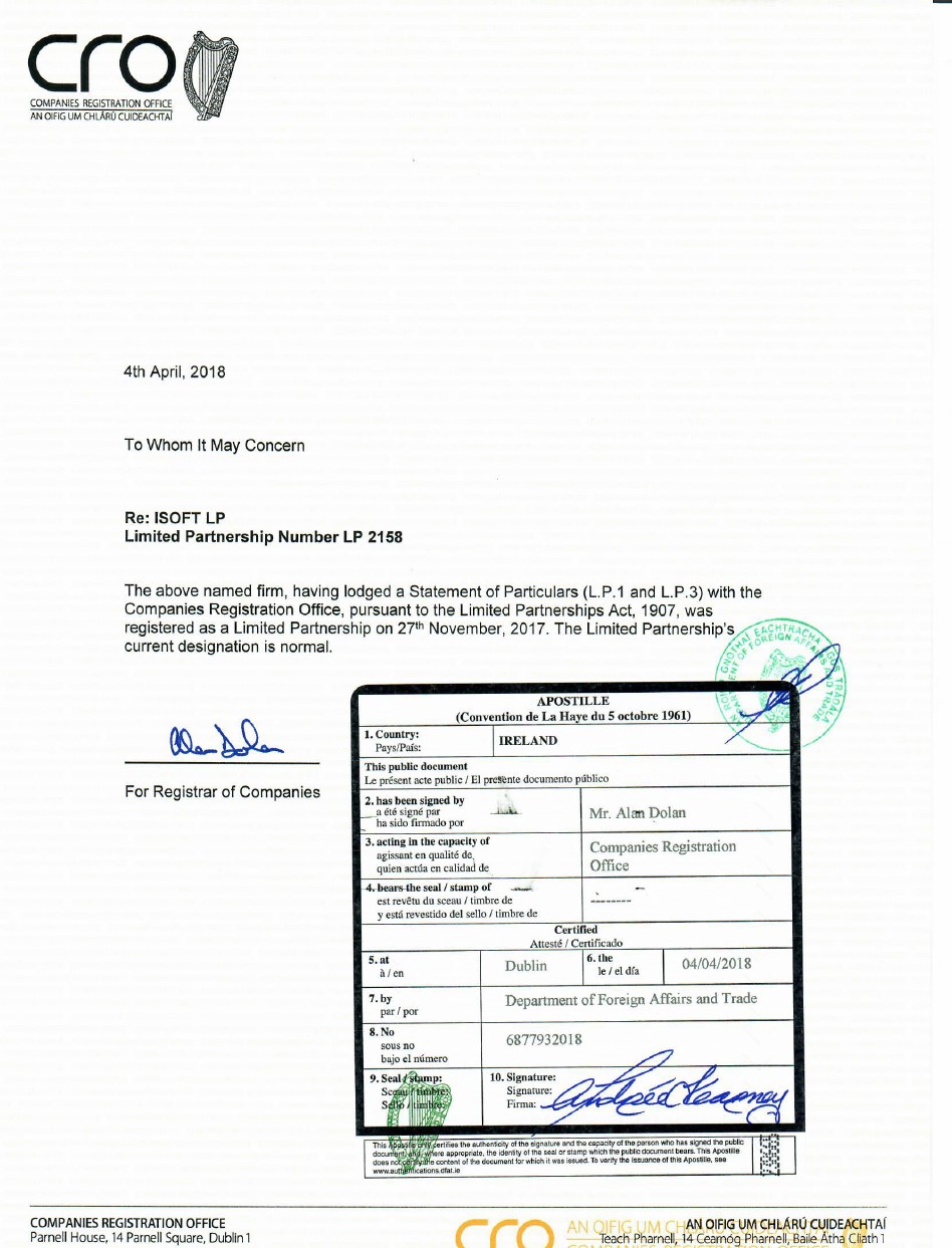 Certificate of registration from commercial register of Ireland