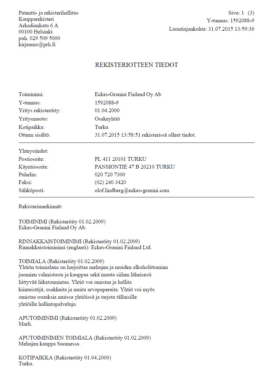 Current extract from commercial register of Finland