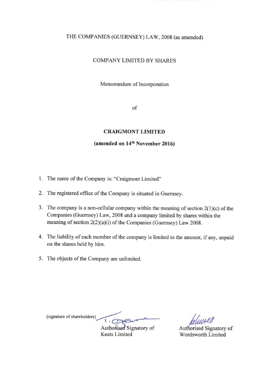 Memorandum of Association from commercial register of Guernsey